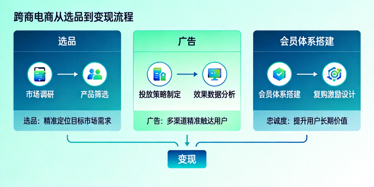 从选品到变现的跨境电商全流程路径图，包含选品、广告、忠诚度三大核心模块的可视化展示
