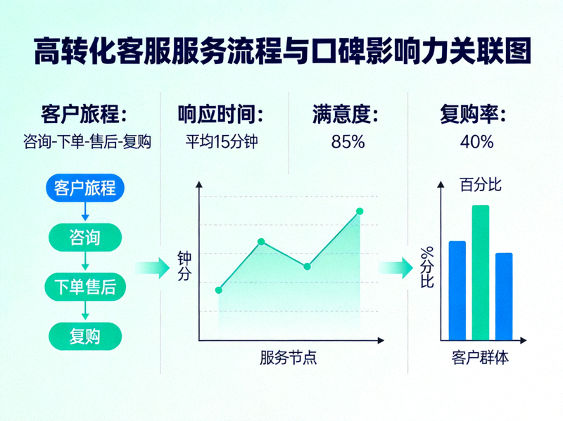 高转化客服服务流程与口碑影响力可视化：展示客户旅程、响应时间、满意度与复购率关联图
