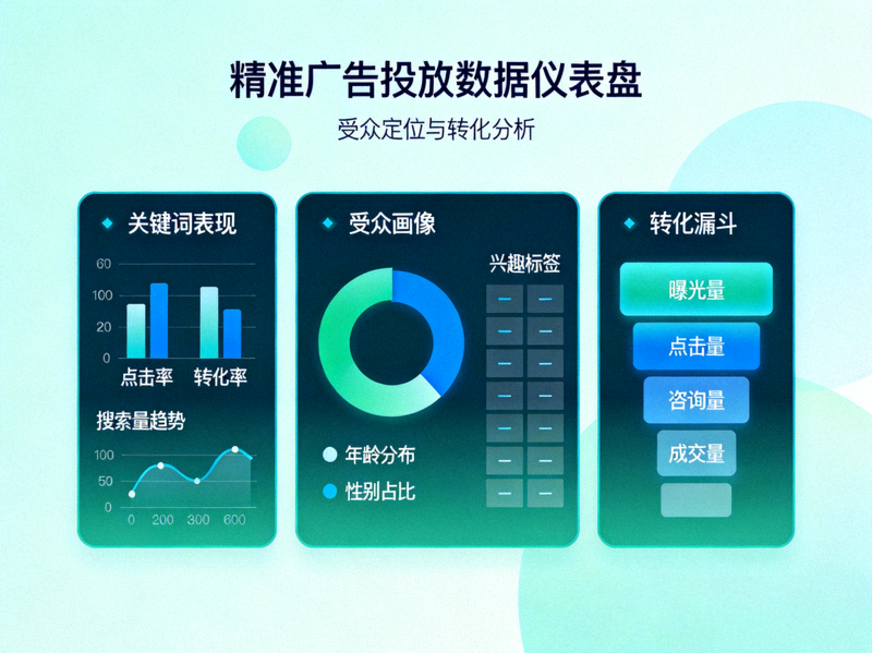 精准广告投放数据仪表盘与受众定位可视化界面：展示关键词表现、受众画像与转化漏斗