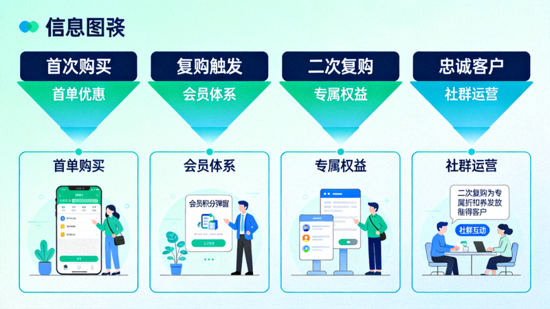 客户旅程与复购转化漏斗图，展示从首次购买到忠诚客户的各个关键触点和策略