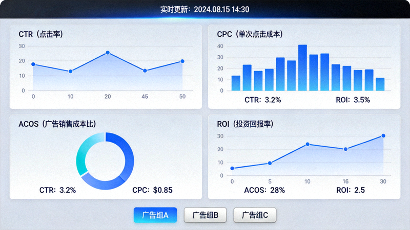 跨境电商广告投放数据仪表盘，展示关键指标如CTR、CPC、ACOS和ROI的实时监控界面
