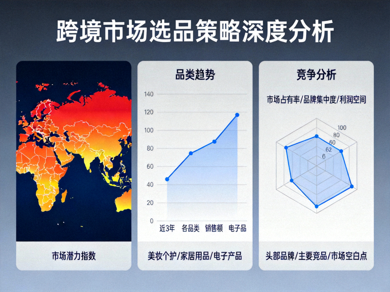 跨境市场选品策略深度分析：展示全球热力图、品类趋势图与竞争分析数据面板
