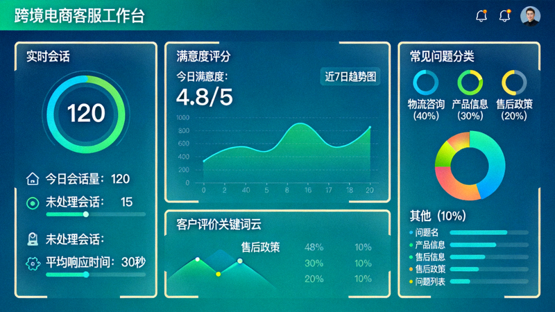 多语言跨境电商客服工作台仪表盘，显示实时会话、满意度评分与常见问题分类