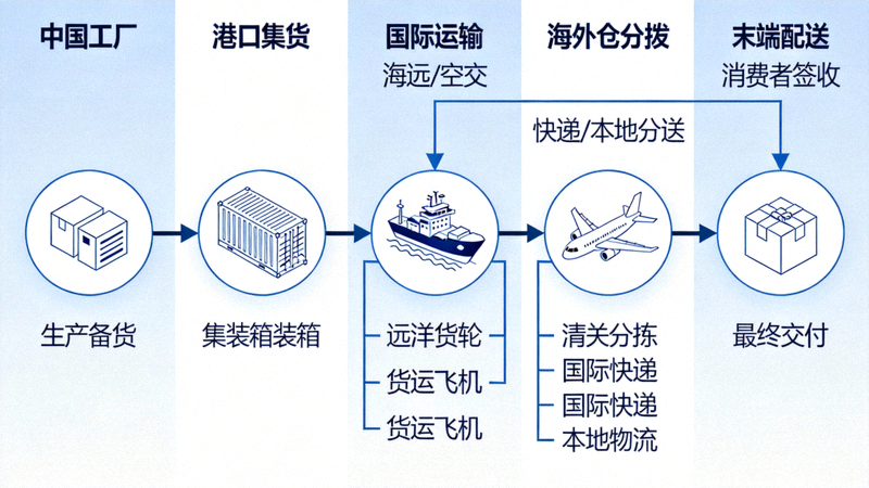 跨境电商供应链与物流网络全景图，展示从中国工厂到海外消费者手中的多式联运路径