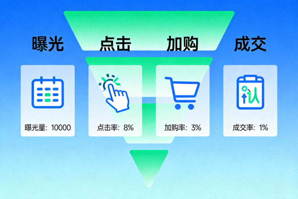 跨境电商营销漏斗数据可视化分析图，展示从曝光、点击、加购到成交的转化路径