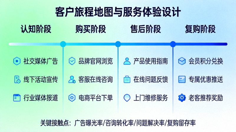 客户旅程地图与服务体验设计 - 描绘从认知、购买到售后、复购的全流程接触点