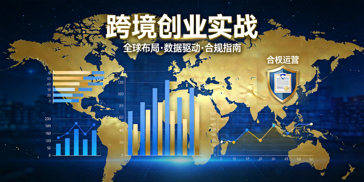 跨境创业实战主题封面图：展示全球地图、数据分析图表与合规运营标志的合成视觉