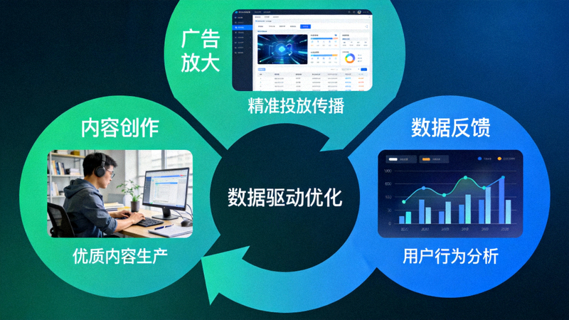 内容与广告共生循环图：展示从内容创作到广告放大再到数据反馈的闭环流程