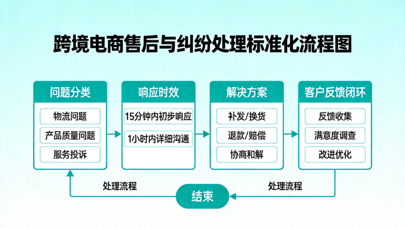 跨境电商售后与纠纷处理标准化流程图，涵盖问题分类、响应时效、解决方案与客户反馈闭环