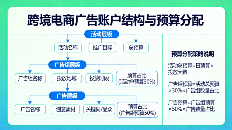 跨境电商广告账户结构思维导图，展示从活动、广告组到广告的层级关系与预算分配策略