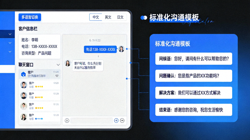 多语言客服工作台界面与标准化沟通模板示意图，提升服务效率