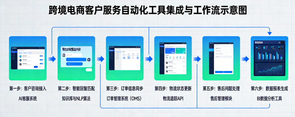 跨境电商客户服务自动化工具集成与工作流示意图