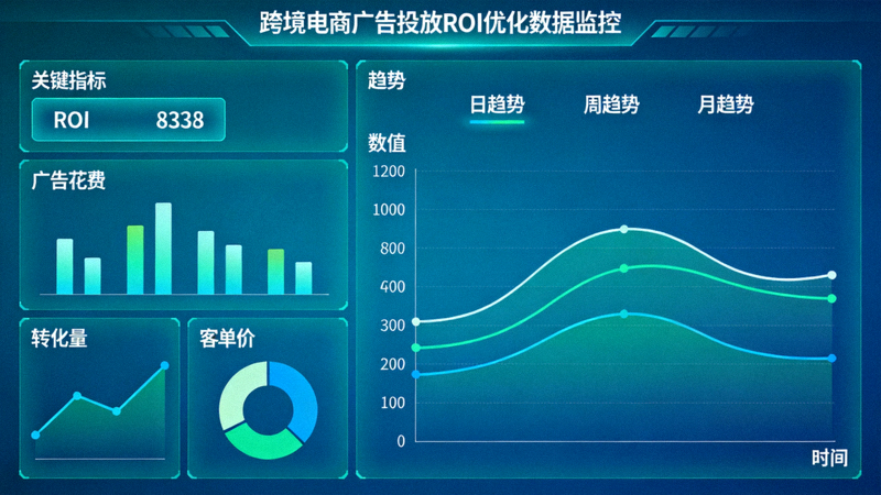 跨境电商广告投放ROI优化数据监控仪表盘与关键指标趋势图
