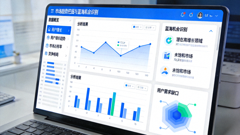 使用数据分析工具进行市场趋势挖掘与蓝海机会识别的电脑屏幕界面