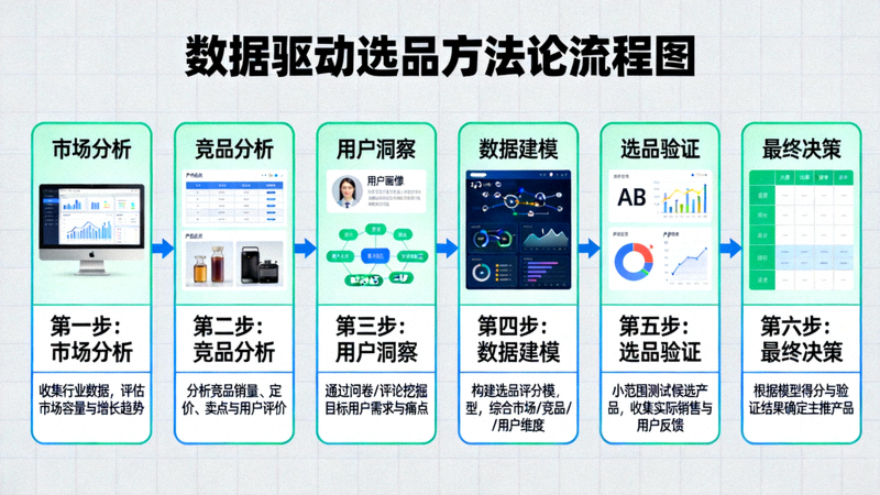 数据驱动选品方法论完整流程图，展示从市场分析到最终决策的各个环节