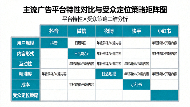 主流广告平台特性对比与受众定位策略矩阵图