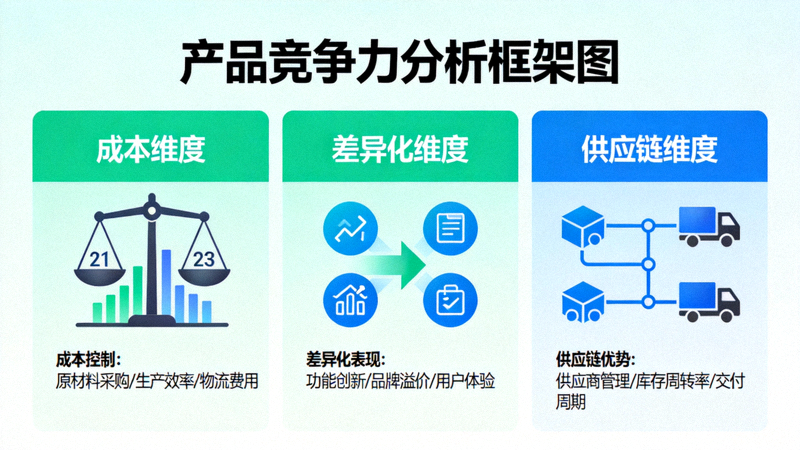 产品竞争力分析框架图，包含成本、差异化、供应链等维度