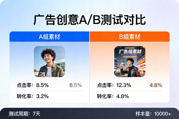 广告创意A/B测试界面对比图，展示不同素材的点击率与转化率